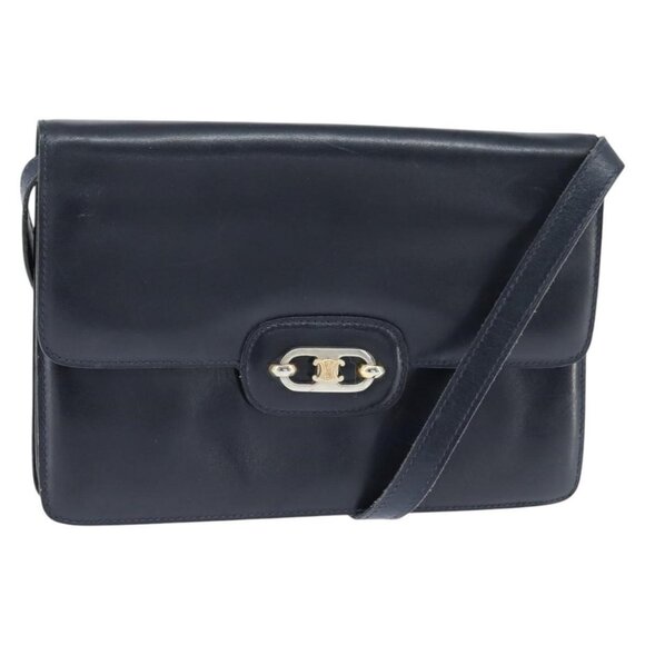 Authentic CELINE Shoulder Bag Leather Navy Gold